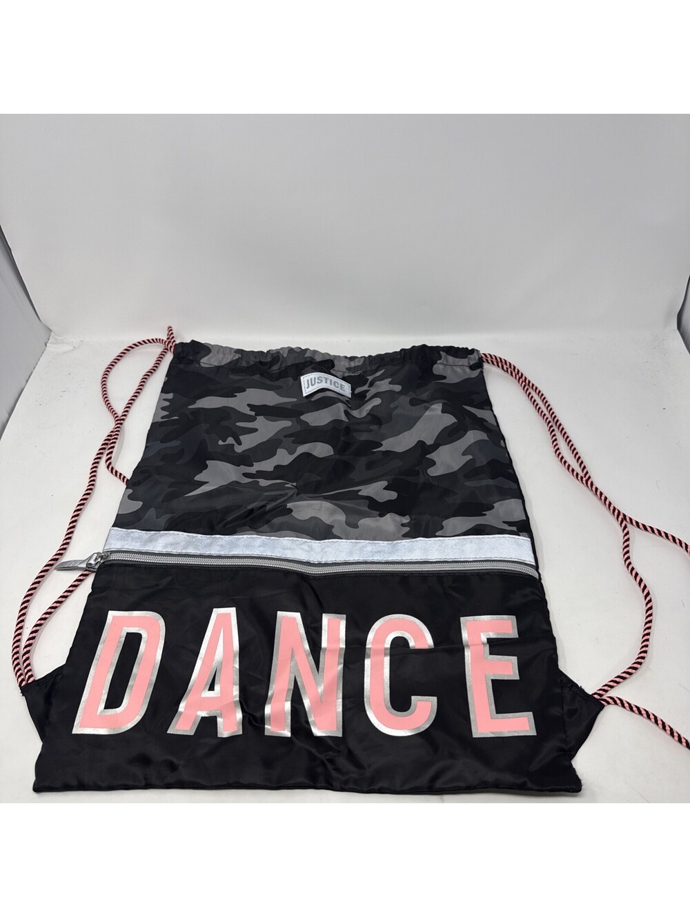Justice Camo DANCE Drawstring Backpack Bag Large Zip Pocket Tote 14" x 18"
